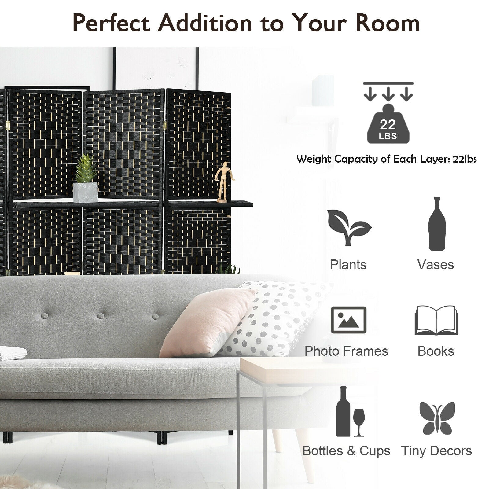 6 Panel Folding Weave Fiber Room Divider, 2 Display Shelves, Black Room Dividers at Gallery Canada