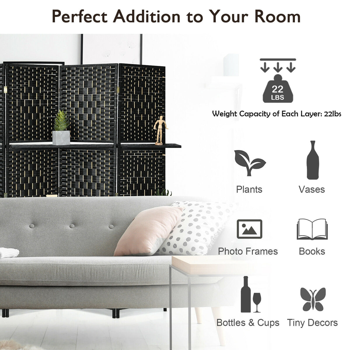 6 Panel Folding Weave Fiber Room Divider, 2 Display Shelves, Black Room Dividers at Gallery Canada
