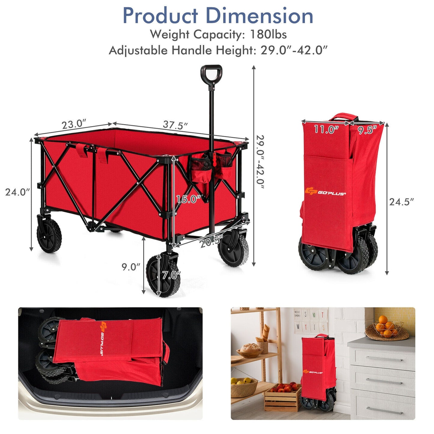 Outdoor Folding Wagon Cart, Adjustable Handle, Universal Wheels, Red Garden Carts at Gallery Canada