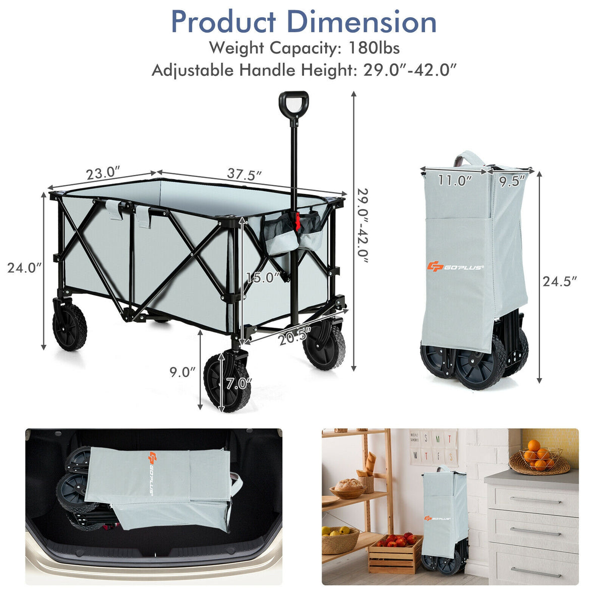 Outdoor Folding Wagon Cart, Adjustable Handle, Universal Wheels, Gray Garden Carts at Gallery Canada