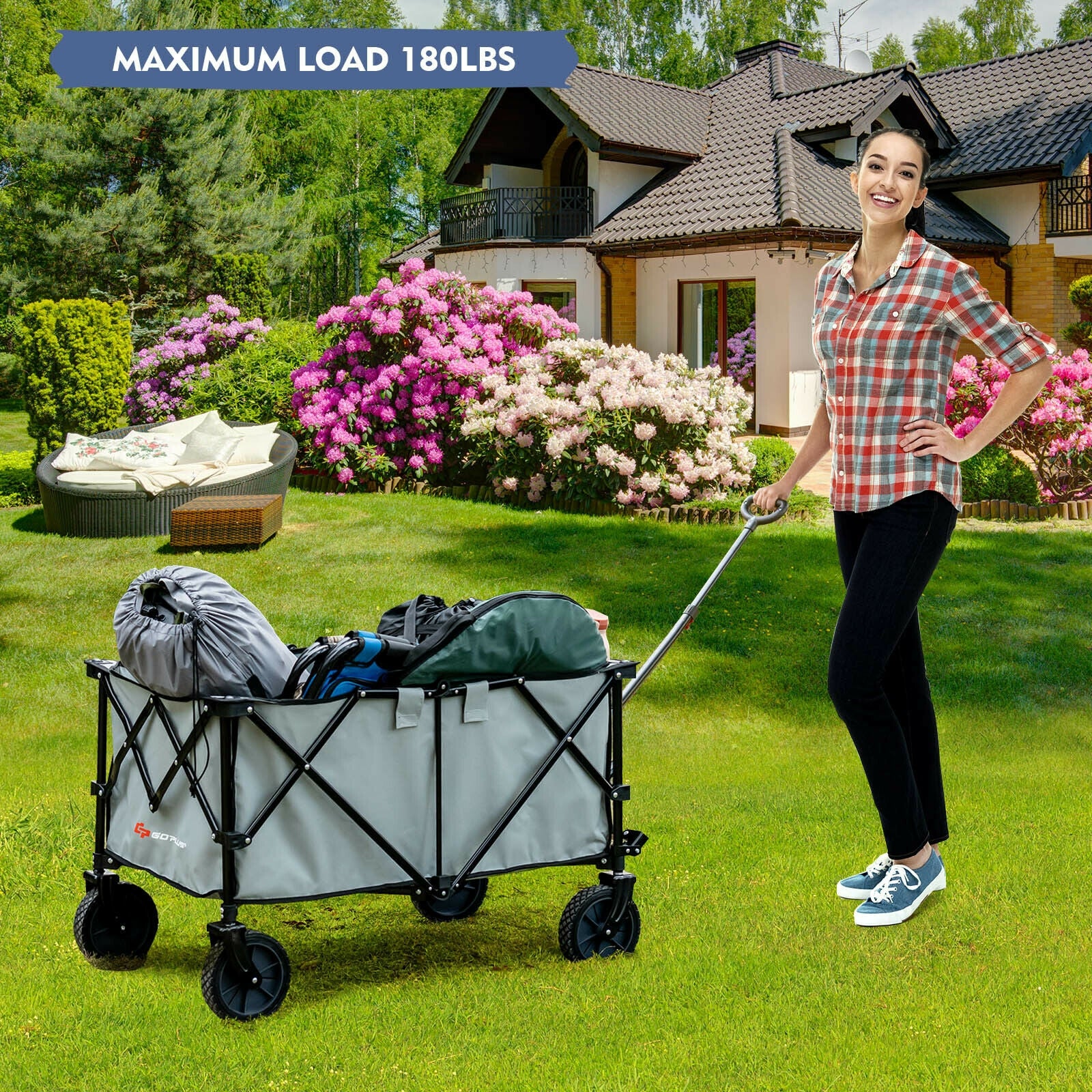 Outdoor Folding Wagon Cart, Adjustable Handle, Universal Wheels, Gray Garden Carts at Gallery Canada