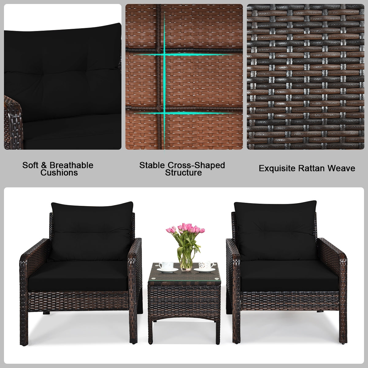 3 Pcs Outdoor Patio Rattan Conversation Set, Black Patio Conversation Sets at Gallery Canada