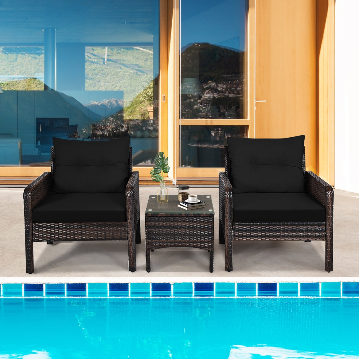 3 Pcs Outdoor Patio Rattan Conversation Set, Black Patio Conversation Sets at Gallery Canada