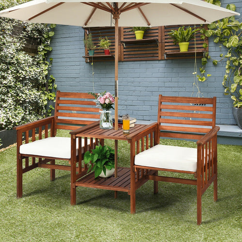 3 Pcs Patio Table Chairs Set, Acacia Wood Loveseat, White
