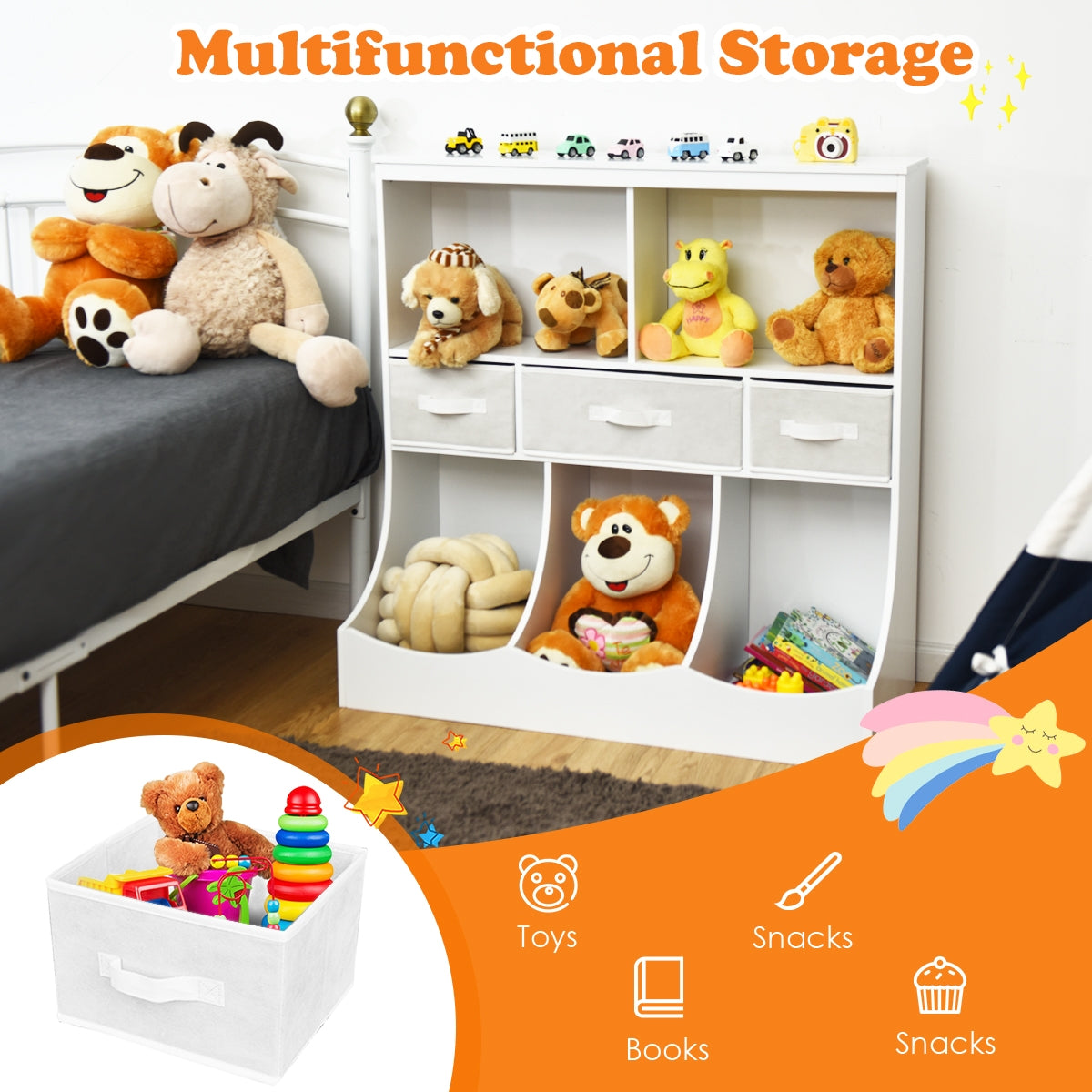 Freestanding Cubby Bin Storage Organizer, 3 Baskets, White Kids Storage at Gallery Canada
