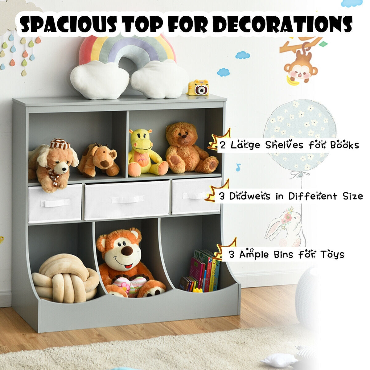 Freestanding Combo Cubby Bin Storage Organizer, 3 Baskets, Gray Kids Storage at Gallery Canada