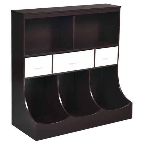 Freestanding Cubby Bin Storage Organizer, 3 Baskets, Brown