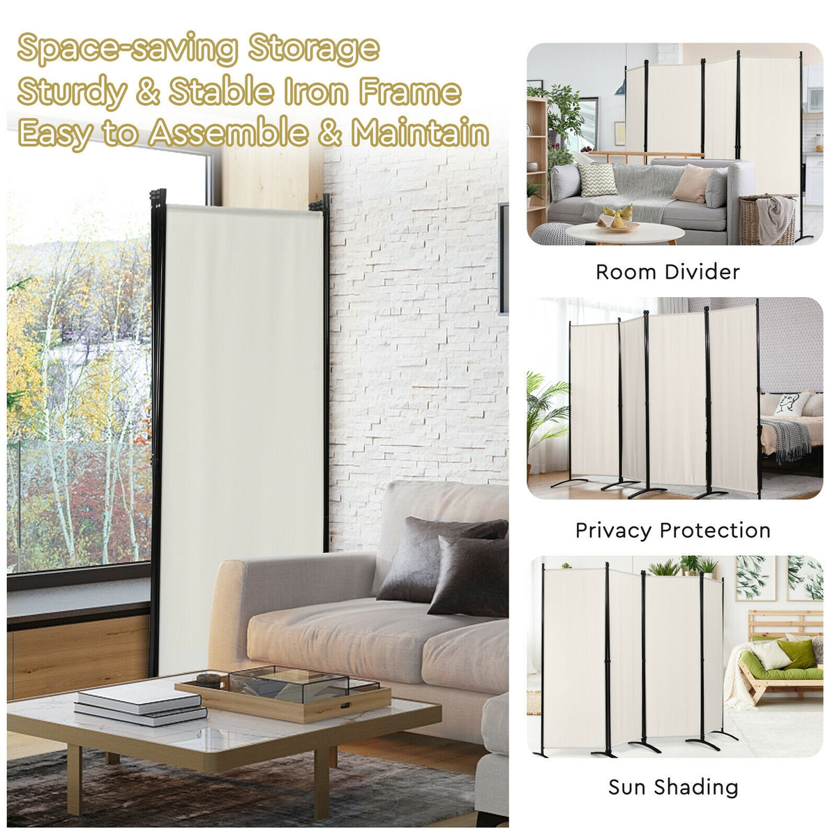 4-Panel Room Divider, Steel Frame, White Room Dividers at Gallery Canada
