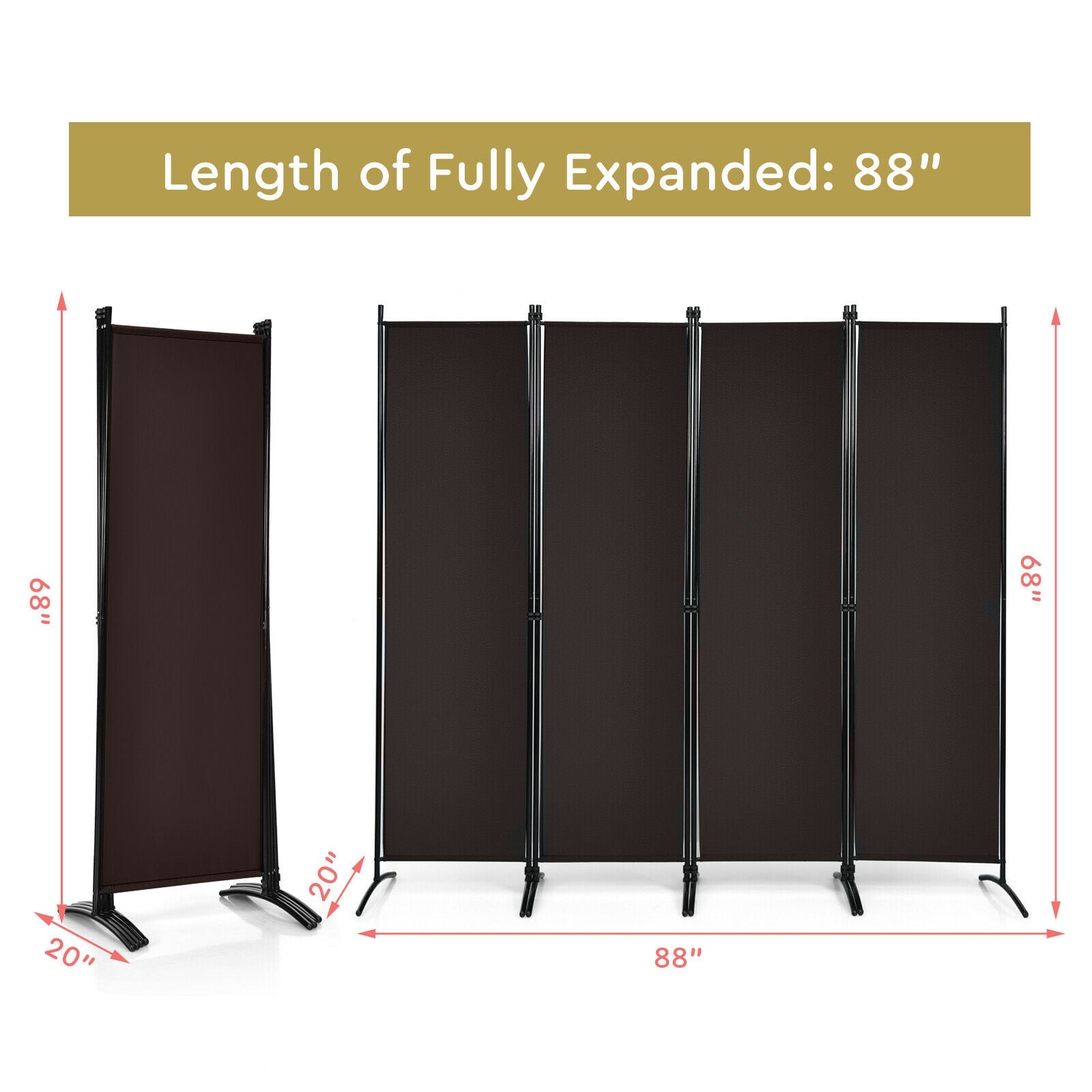 4-Panel Room Divider, Steel Frame, Brown Room Dividers at Gallery Canada