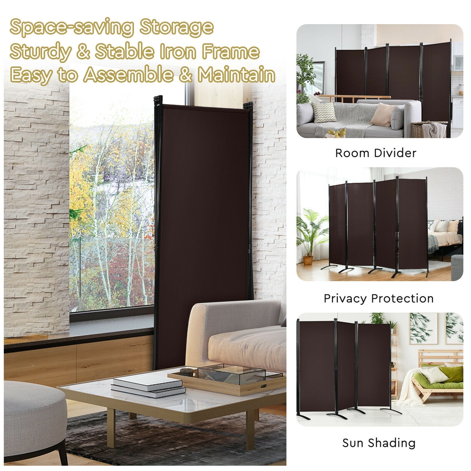 4-Panel Room Divider, Steel Frame, Brown Room Dividers at Gallery Canada