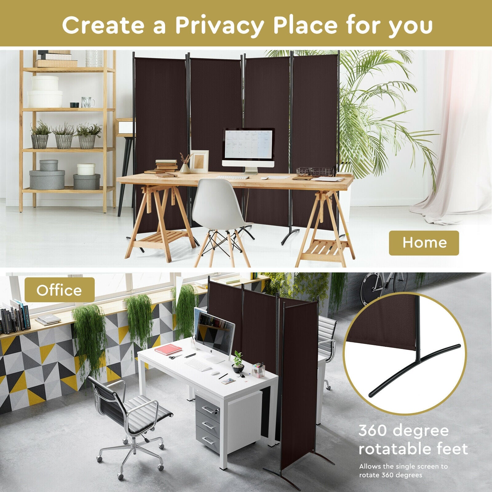 4-Panel Room Divider, Steel Frame, Brown Room Dividers at Gallery Canada