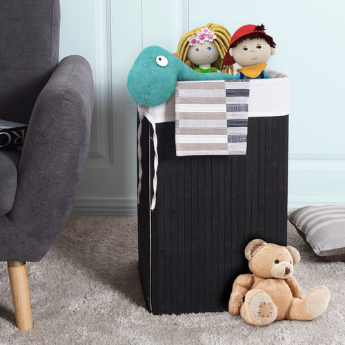 Corner Bamboo Hamper, Laundry Basket With Lid And Removable Liner, Black