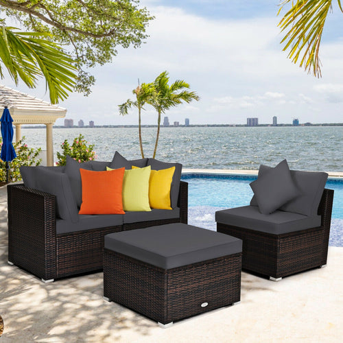 4 Piece Ottoman Garden Patio Rattan Wicker Furniture Set, Gray