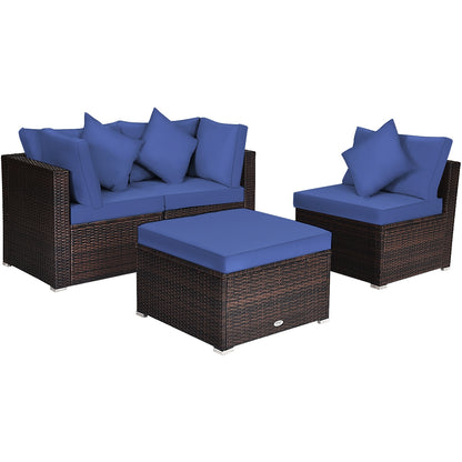 4-Piece Ottoman Garden Patio Rattan Wicker Set With Cushion, Navy Outdoor Sectionals Navy at Gallery Canada