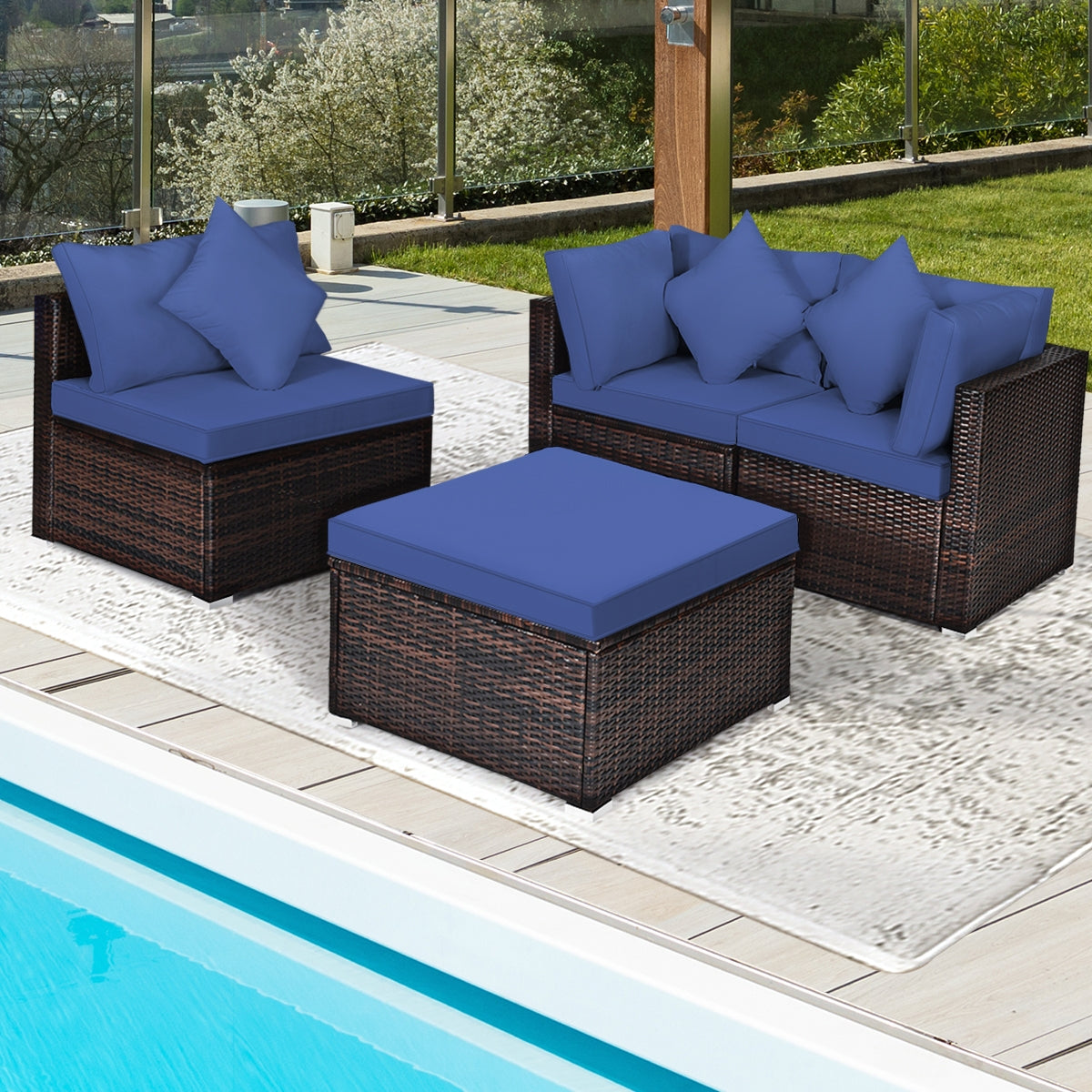 4-Piece Ottoman Garden Patio Rattan Wicker Set With Cushion, Navy Outdoor Sectionals at Gallery Canada