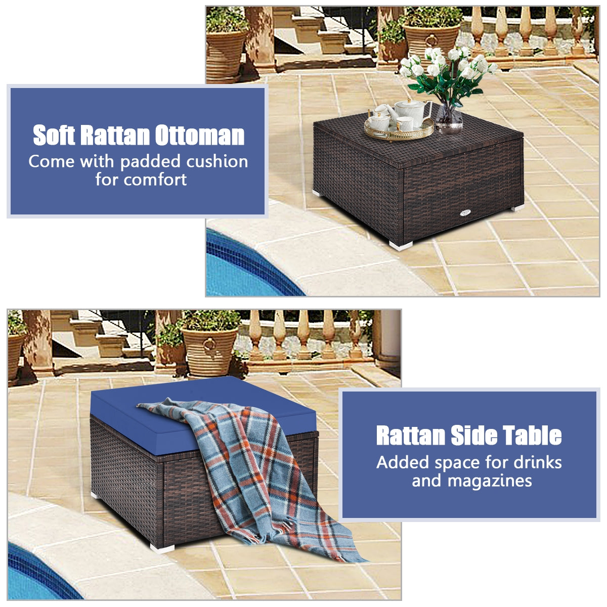 4-Piece Ottoman Garden Patio Rattan Wicker Set With Cushion, Navy Outdoor Sectionals at Gallery Canada