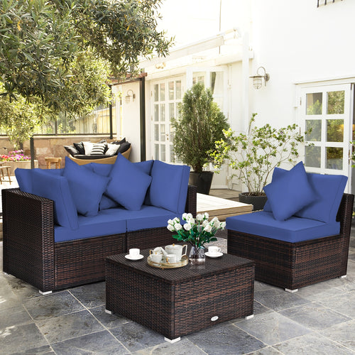 4-Piece Ottoman Garden Patio Rattan Wicker Set With Cushion, Navy