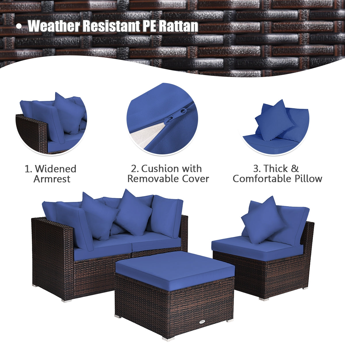 4-Piece Ottoman Garden Patio Rattan Wicker Set With Cushion, Navy Outdoor Sectionals at Gallery Canada