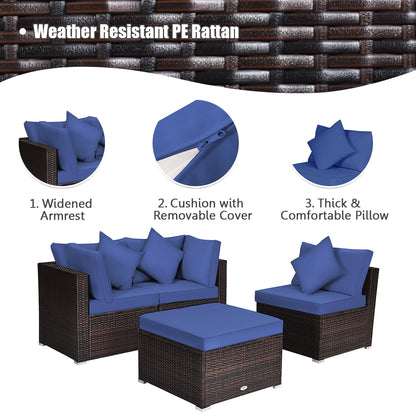 4-Piece Ottoman Garden Patio Rattan Wicker Set With Cushion, Navy Outdoor Sectionals at Gallery Canada
