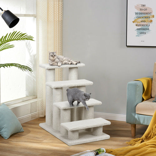 4-Step Pet Stairs, Carpeted Ladder Ramp, Cat Tree Climber, Beige