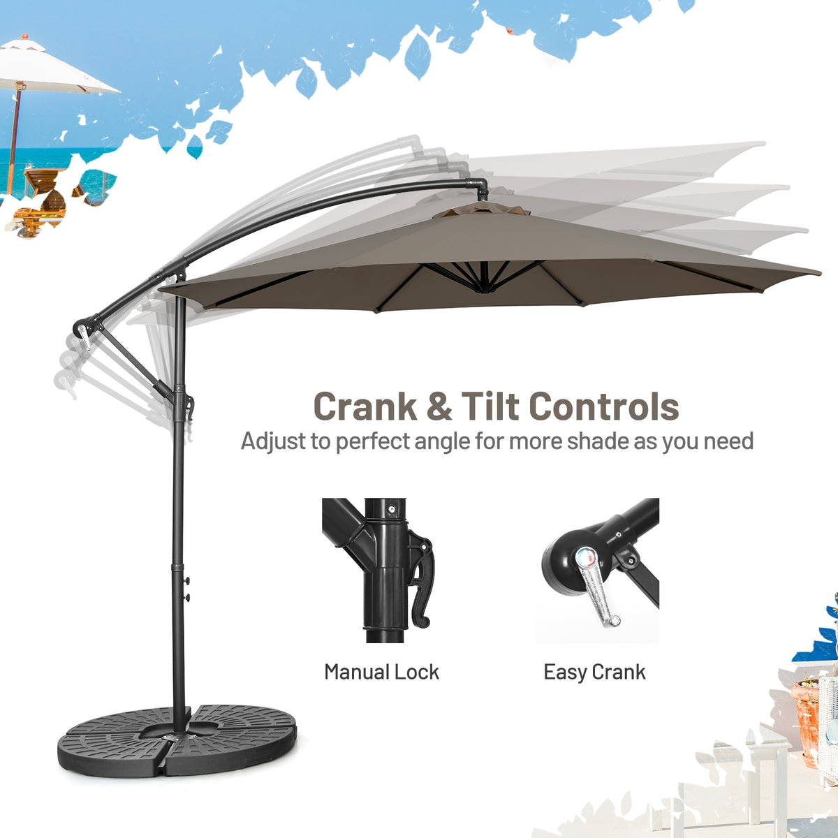 10FT Offset Umbrella, 8 Ribs, Cantilever, Cross Base, Tilt Adjustment, Brown Outdoor Umbrellas at Gallery Canada