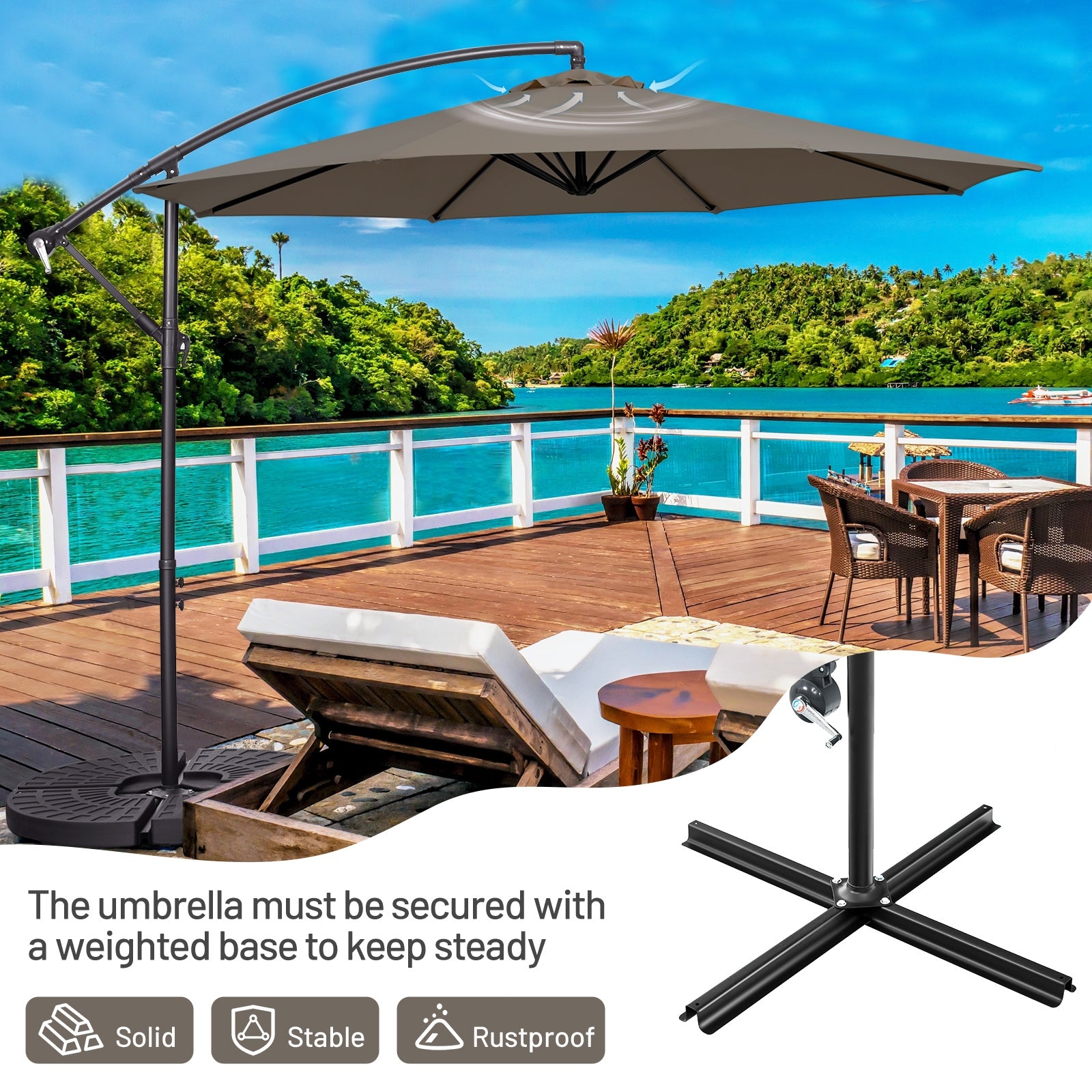 10FT Offset Umbrella, 8 Ribs, Cantilever, Cross Base, Tilt Adjustment, Brown Outdoor Umbrellas at Gallery Canada