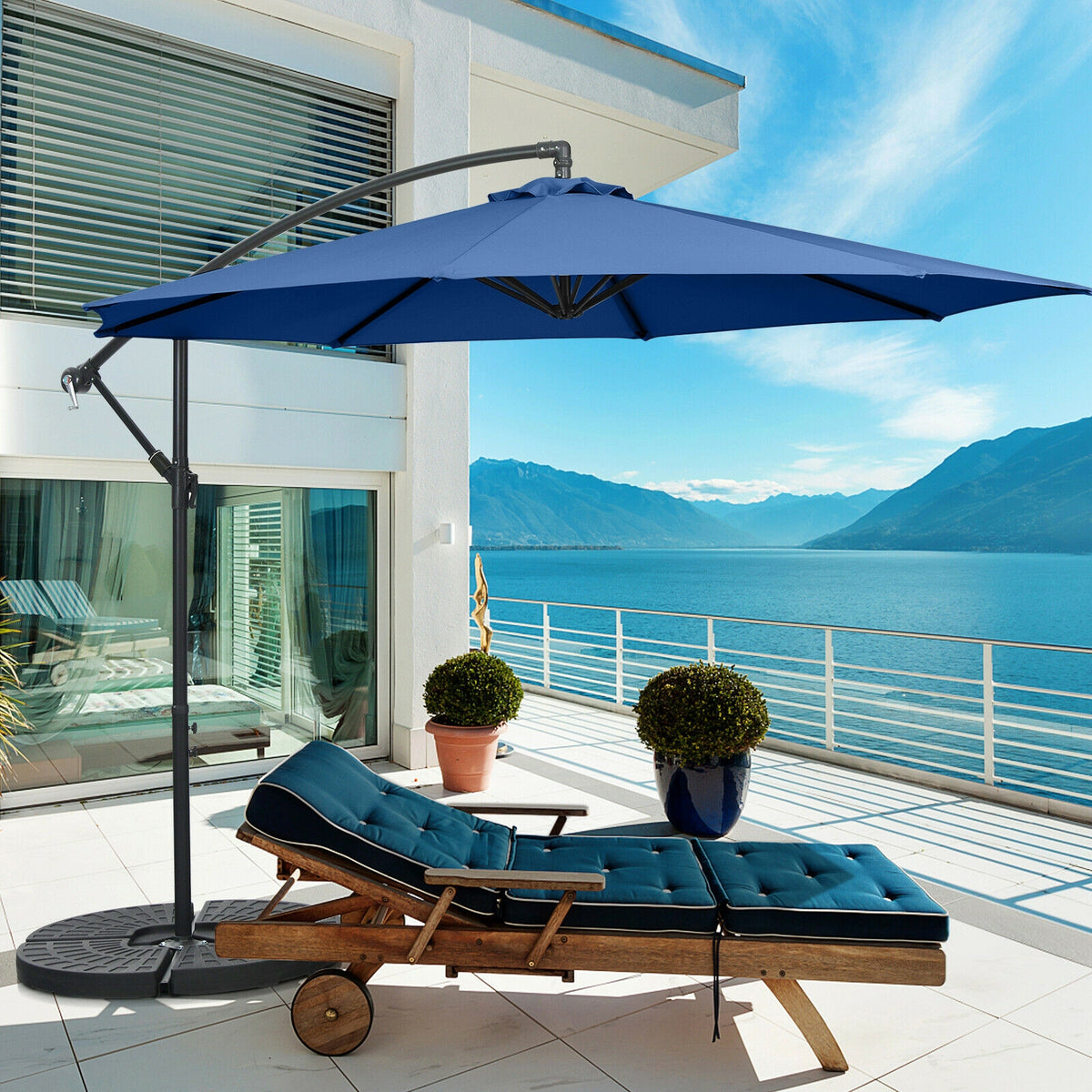 10FT Offset Umbrella, 8 Ribs, Cantilever Cross Base, Tilt Adjustment, Blue Outdoor Umbrellas at Gallery Canada