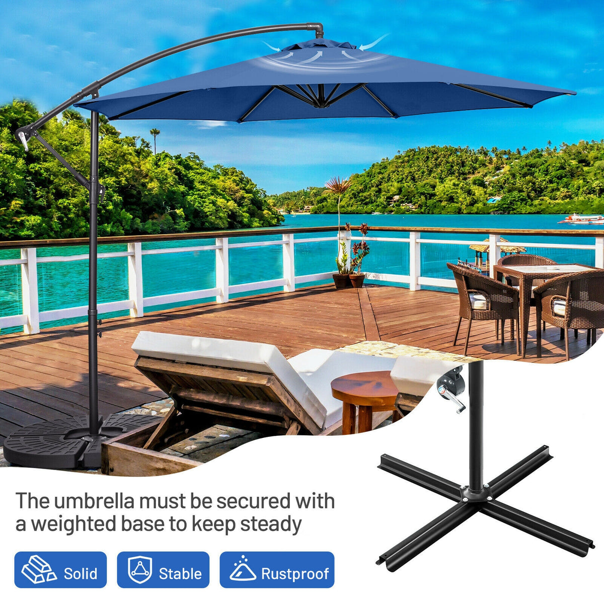 10FT Offset Umbrella, 8 Ribs, Cantilever Cross Base, Tilt Adjustment, Blue Outdoor Umbrellas at Gallery Canada