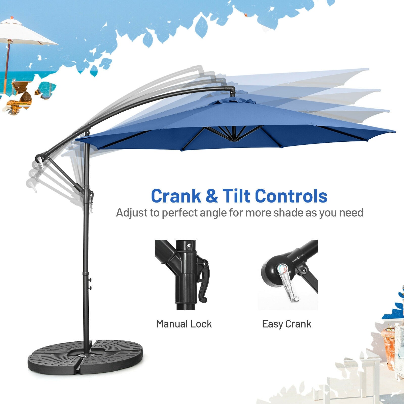 10FT Offset Umbrella, 8 Ribs, Cantilever Cross Base, Tilt Adjustment, Blue Outdoor Umbrellas at Gallery Canada