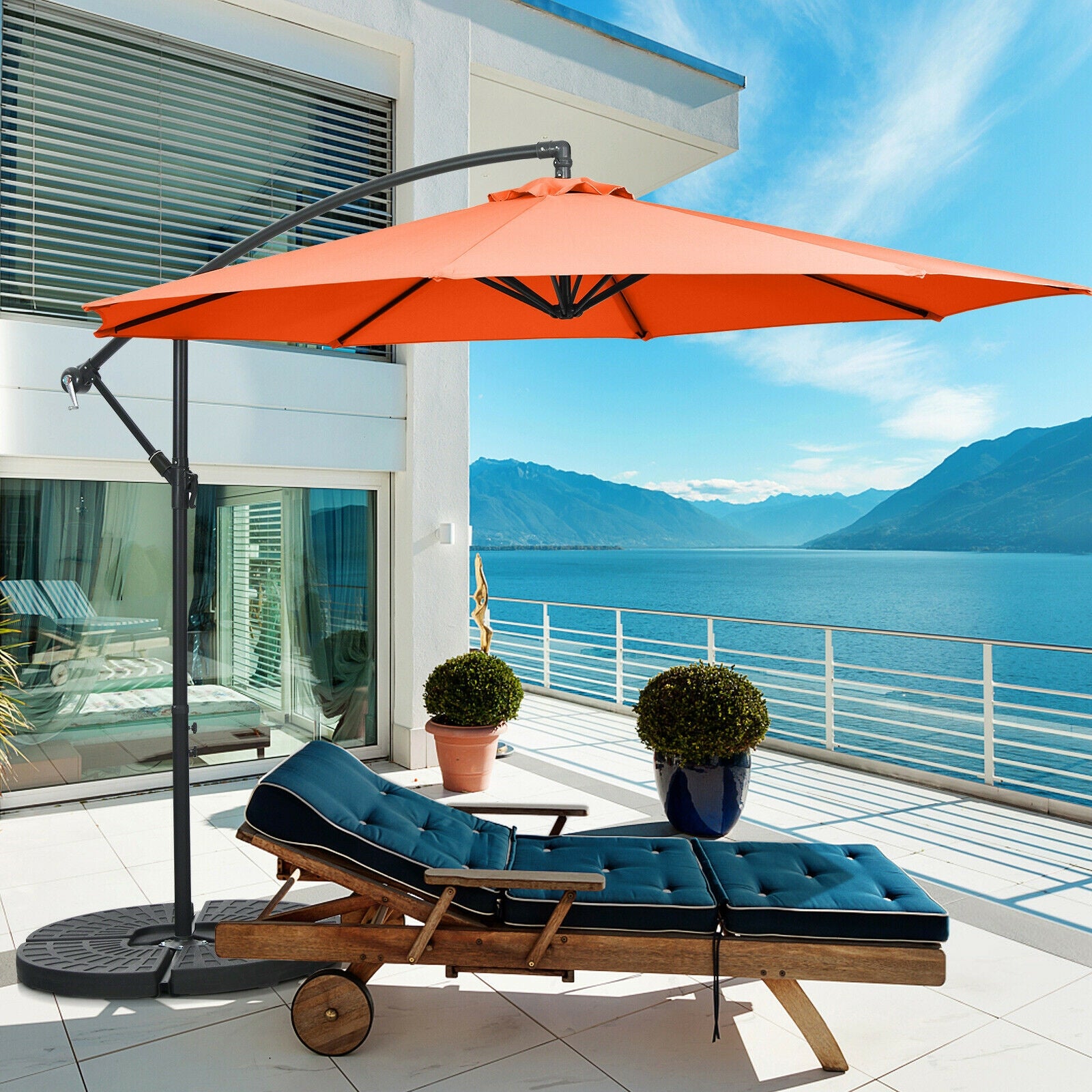 10FT Offset Umbrella, 8 Ribs, Cantilever, Cross Base, Tilt Adjustment, Orange Outdoor Umbrellas at Gallery Canada