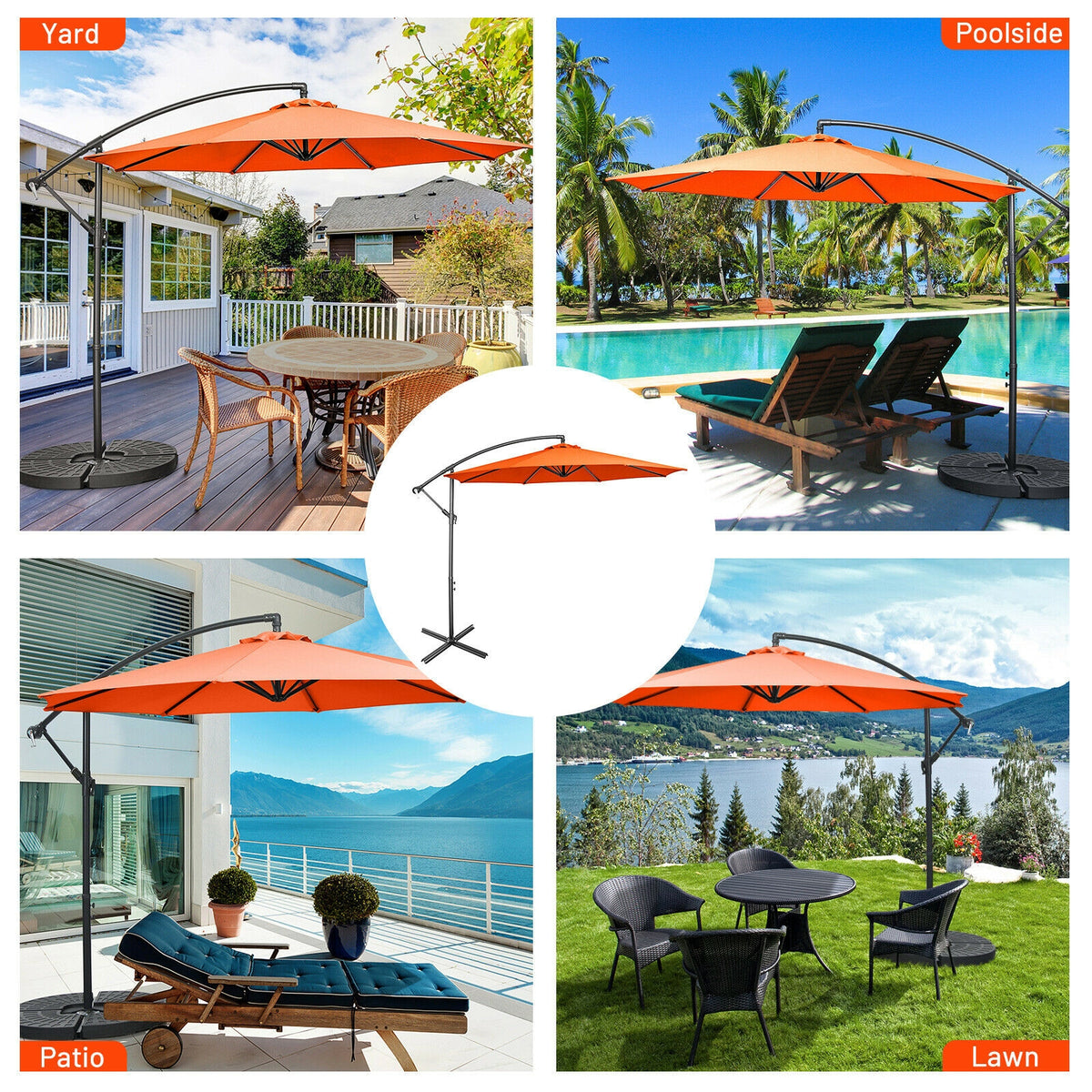 10FT Offset Umbrella, 8 Ribs, Cantilever, Cross Base, Tilt Adjustment, Orange Outdoor Umbrellas at Gallery Canada