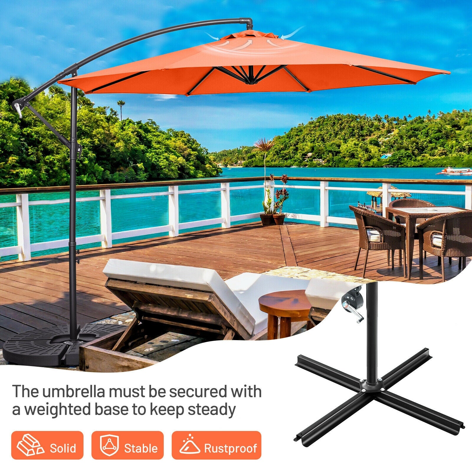 10FT Offset Umbrella, 8 Ribs, Cantilever, Cross Base, Tilt Adjustment, Orange Outdoor Umbrellas at Gallery Canada