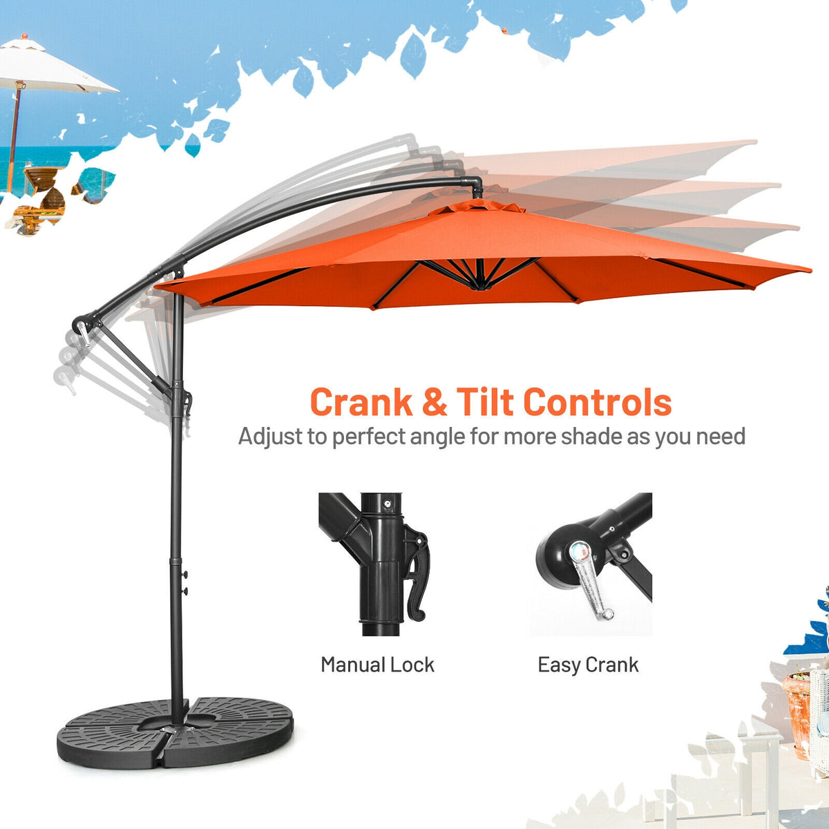 10FT Offset Umbrella, 8 Ribs, Cantilever, Cross Base, Tilt Adjustment, Orange Outdoor Umbrellas at Gallery Canada