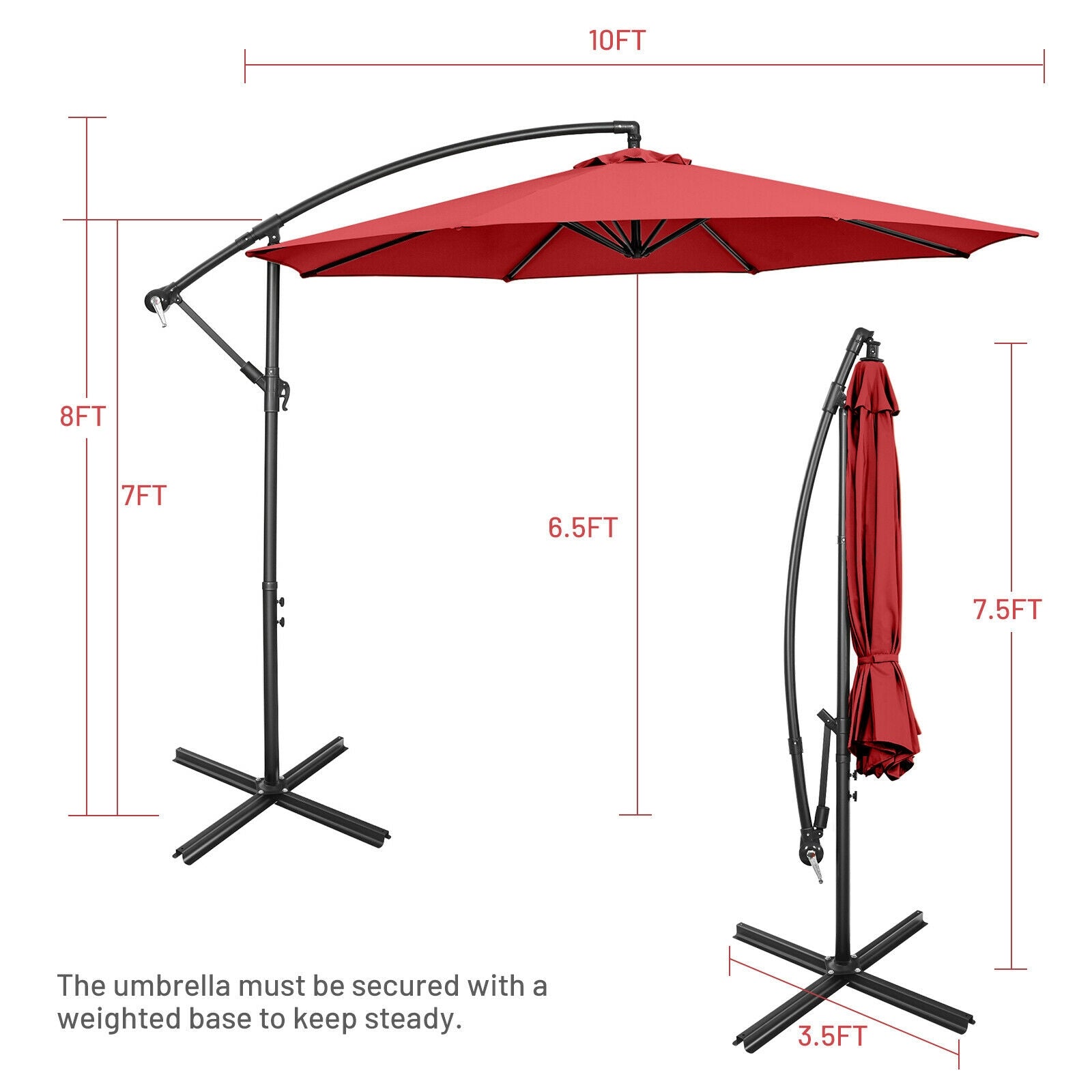 10FT Offset Umbrella, 8 Ribs, Cantilever, Cross Base, Tilt Adjustment, Red Outdoor Umbrellas at Gallery Canada