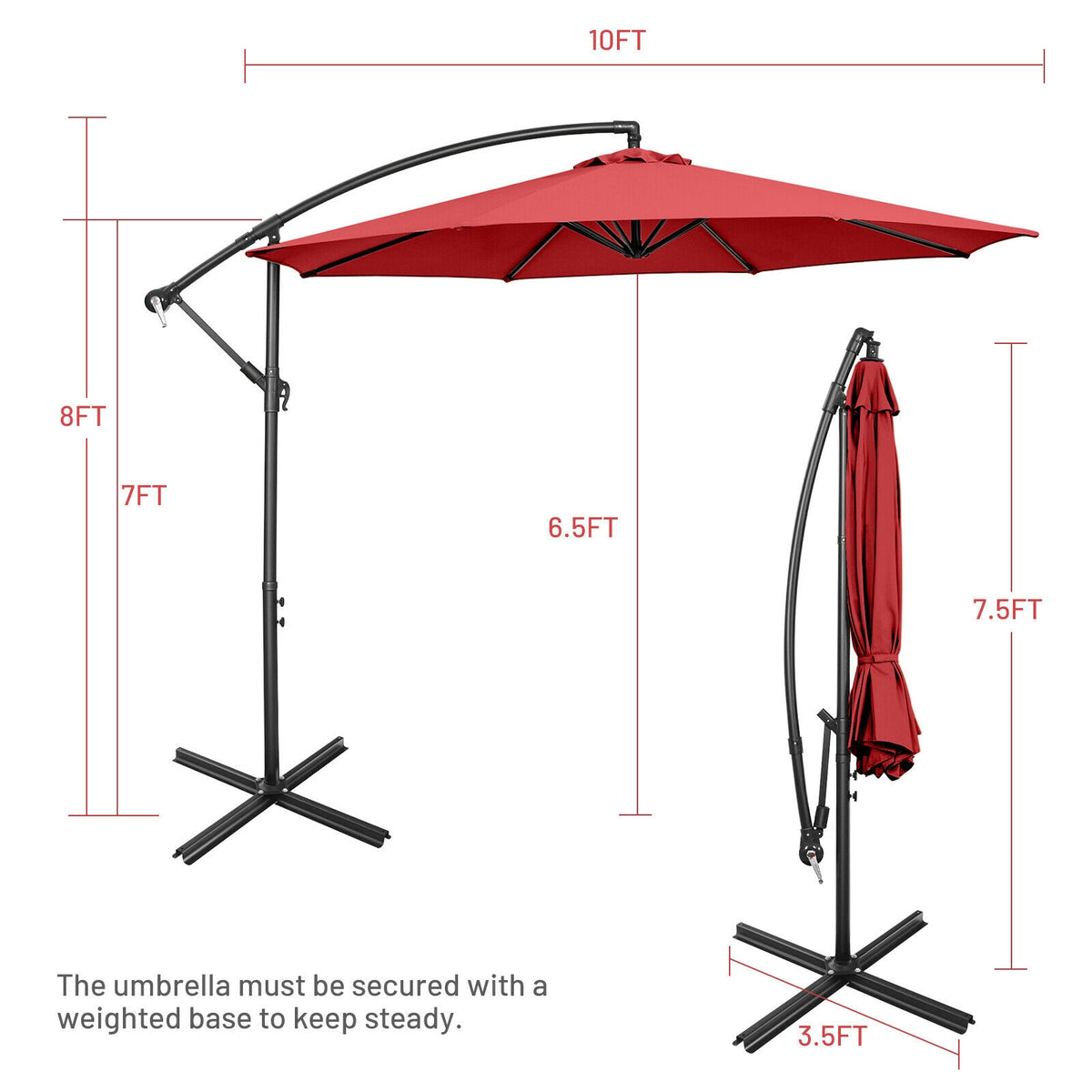 10FT Offset Umbrella, 8 Ribs, Cantilever, Cross Base, Tilt Adjustment, Red Outdoor Umbrellas at Gallery Canada