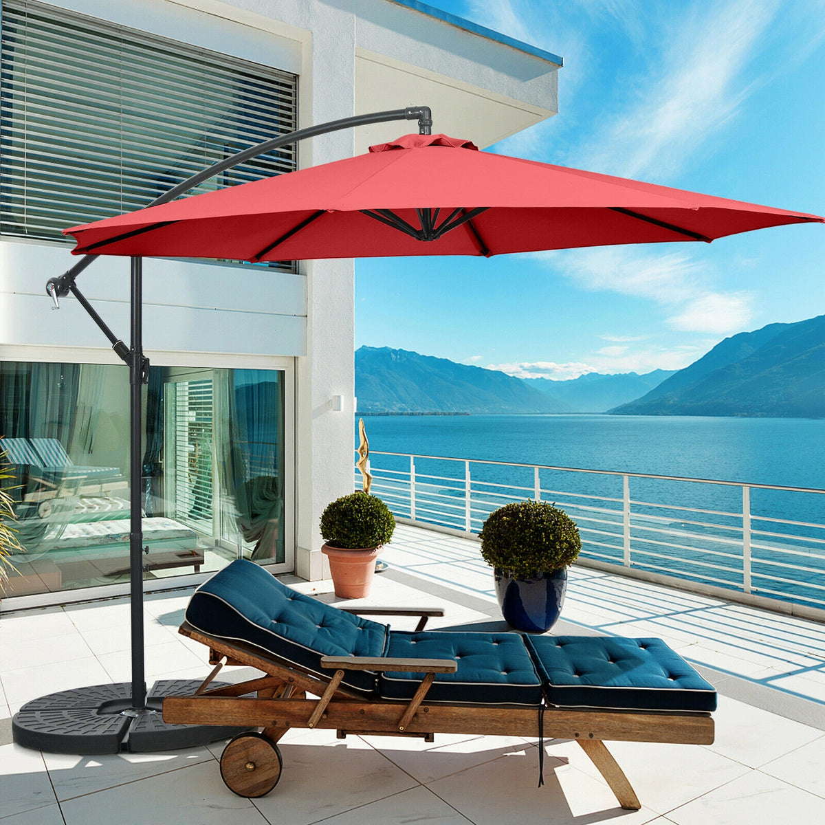 10FT Offset Umbrella, 8 Ribs, Cantilever, Cross Base, Tilt Adjustment, Red Outdoor Umbrellas at Gallery Canada
