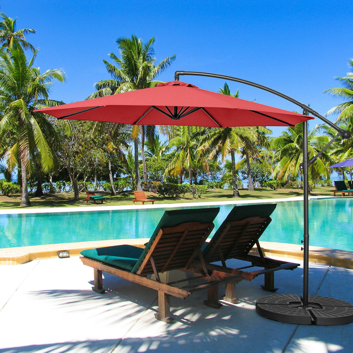 10FT Offset Umbrella, 8 Ribs, Cantilever, Cross Base, Tilt Adjustment, Red Outdoor Umbrellas at Gallery Canada