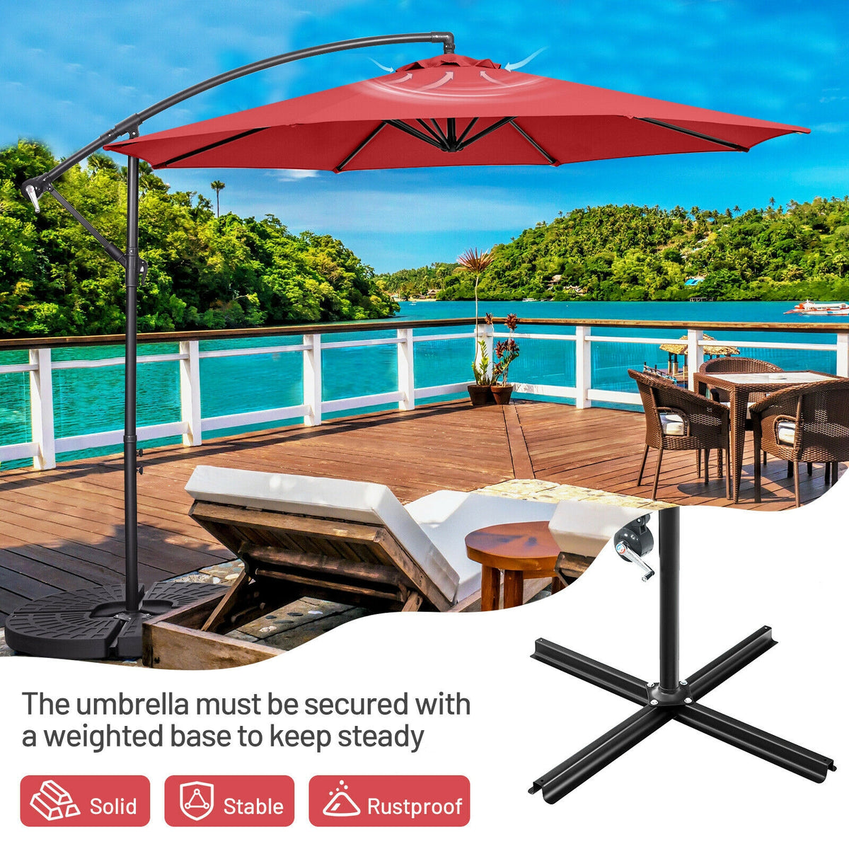 10FT Offset Umbrella, 8 Ribs, Cantilever, Cross Base, Tilt Adjustment, Red Outdoor Umbrellas at Gallery Canada