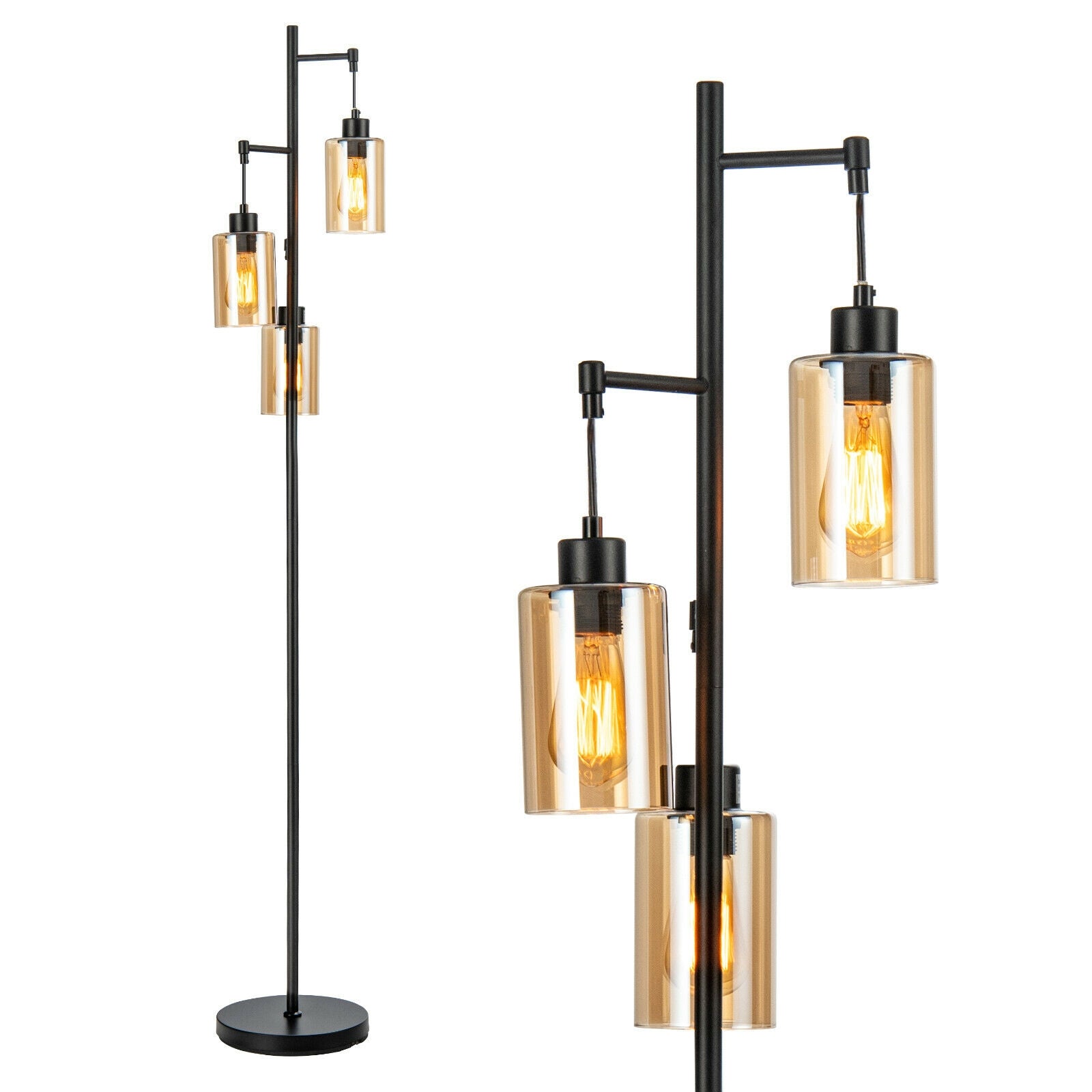 Retro Floor Lamp, 3-Head Hanging Glass Shade, Black, Amber Table & Floor Lamps Black at Gallery Canada