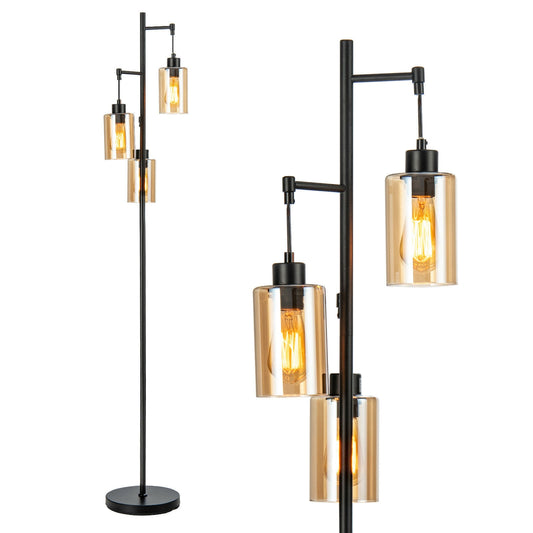 Retro Floor Lamp, 3-Head Hanging Glass Shade, Black, Amber Table & Floor Lamps Black at Gallery Canada