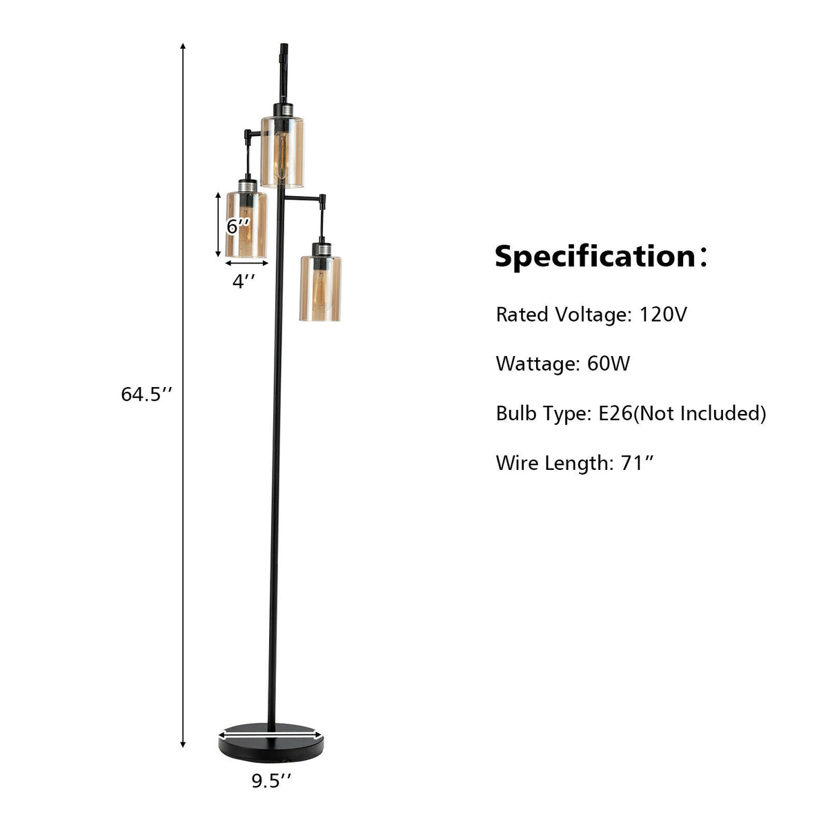 Retro Floor Lamp, 3-Head Hanging Glass Shade, Black, Amber Table & Floor Lamps at Gallery Canada