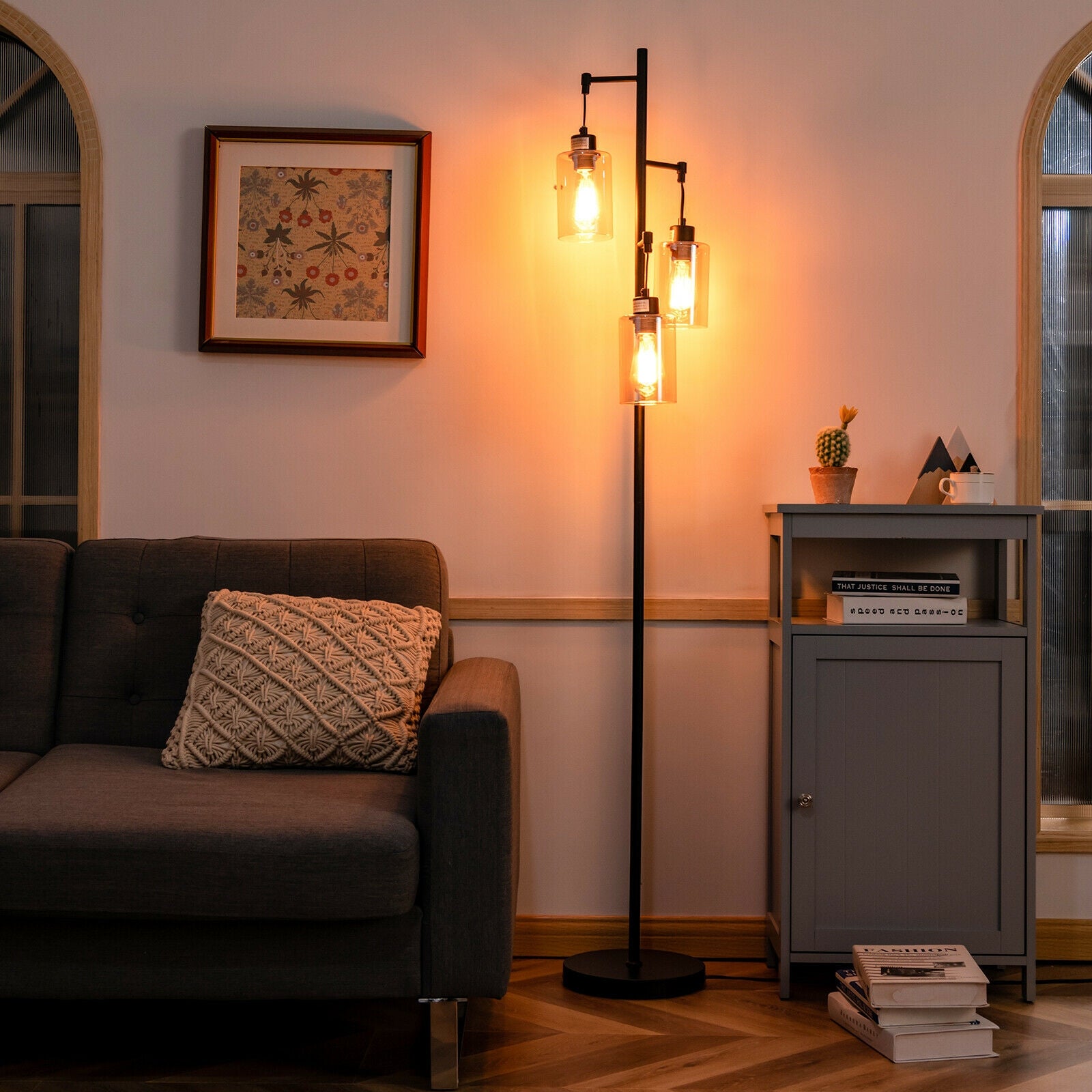 Retro Floor Lamp, 3-Head Hanging Glass Shade, Black, Amber Table & Floor Lamps at Gallery Canada
