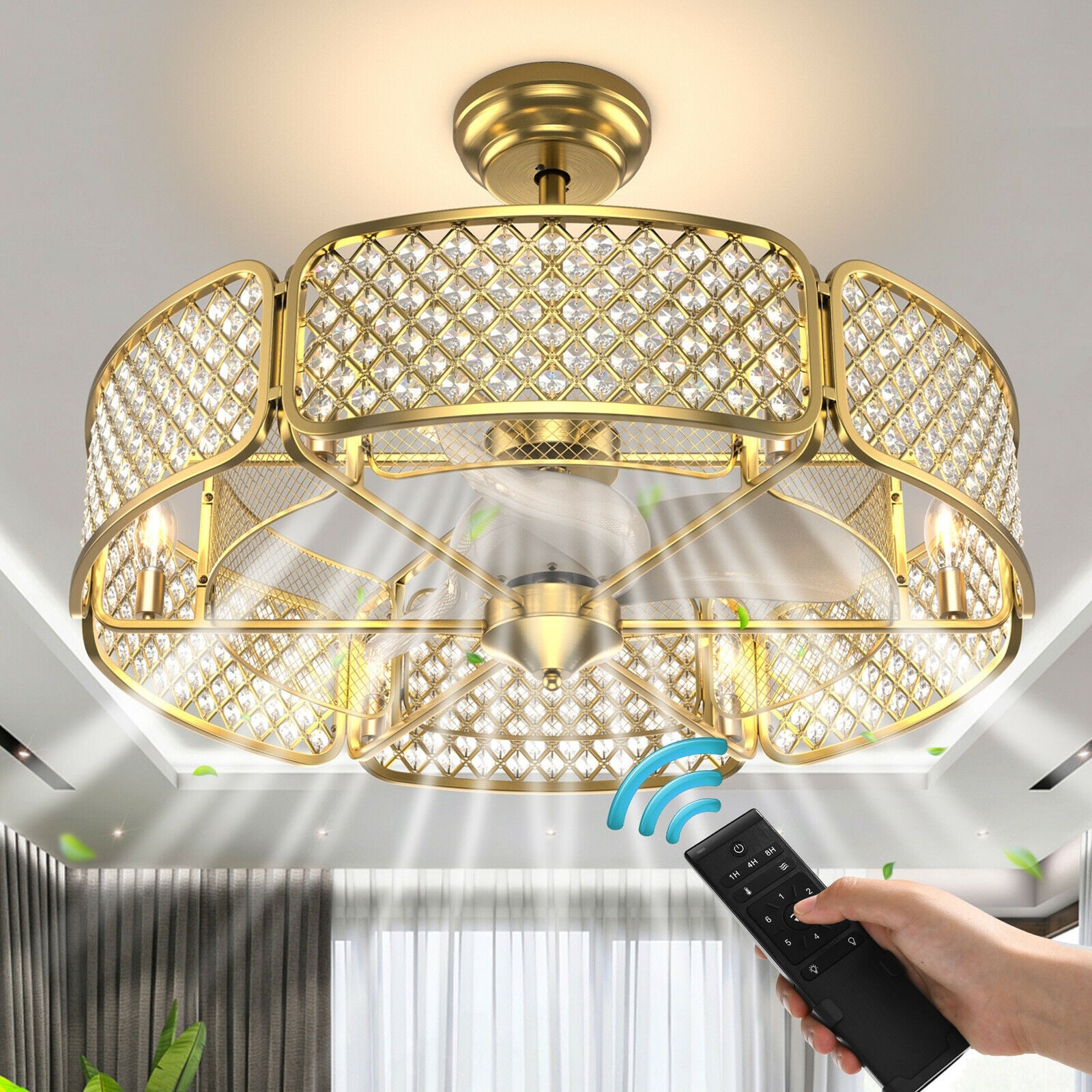 30 Inch Caged Ceiling Fan With Light, Crystal Lampshade, Golden Ceiling Fans at Gallery Canada
