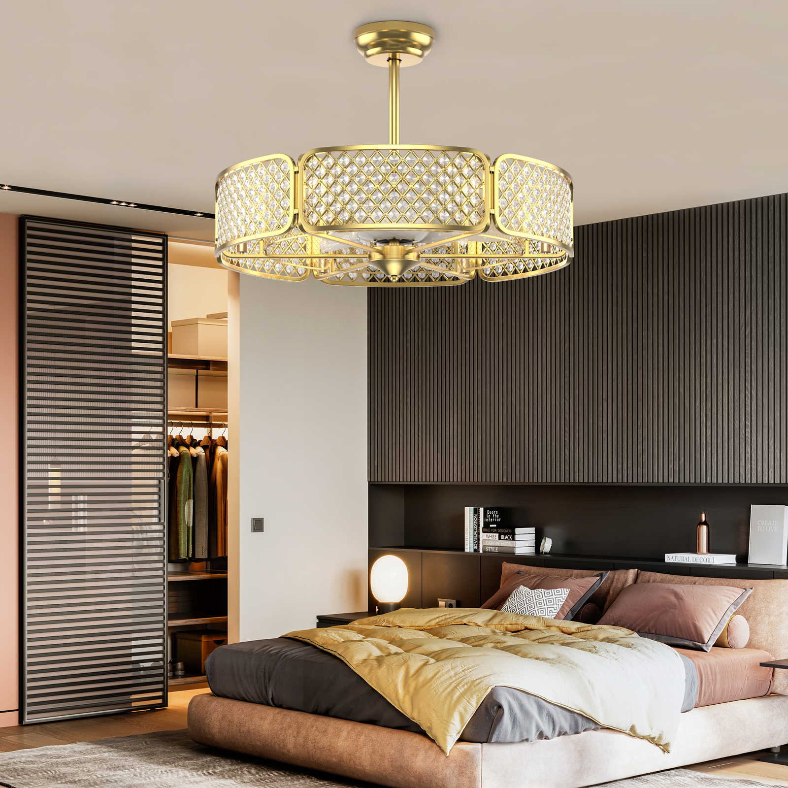 30 Inch Caged Ceiling Fan With Light, Crystal Lampshade, Golden Ceiling Fans at Gallery Canada