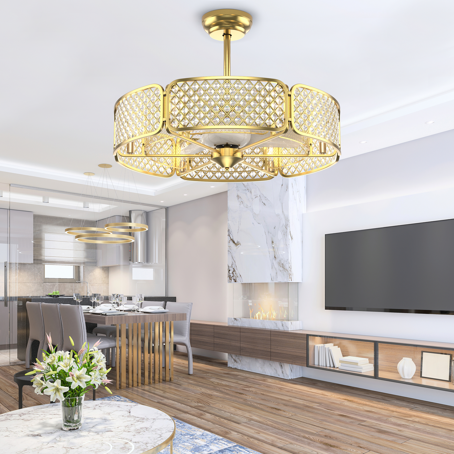 30 Inch Caged Ceiling Fan With Light, Crystal Lampshade, Golden Ceiling Fans at Gallery Canada