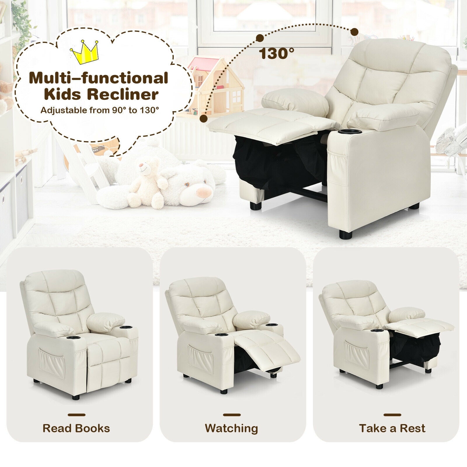 Kids Recliner Chair With Cup Holder, Footrest, Beige Kids Chairs & Seating at Gallery Canada