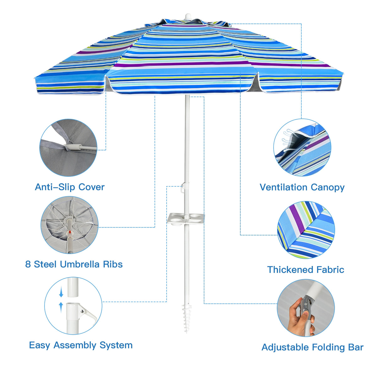 7.2 Feet Portable Beach Umbrella With Sand Anchor, Tilt, Blue Outdoor Umbrellas at Gallery Canada