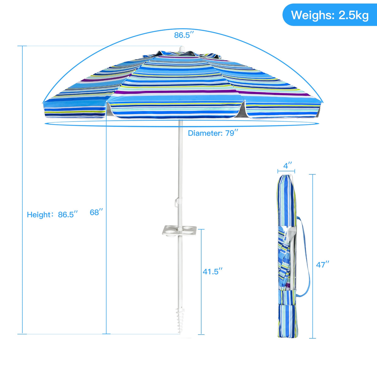 7.2 Feet Portable Beach Umbrella With Sand Anchor, Tilt, Blue Outdoor Umbrellas at Gallery Canada