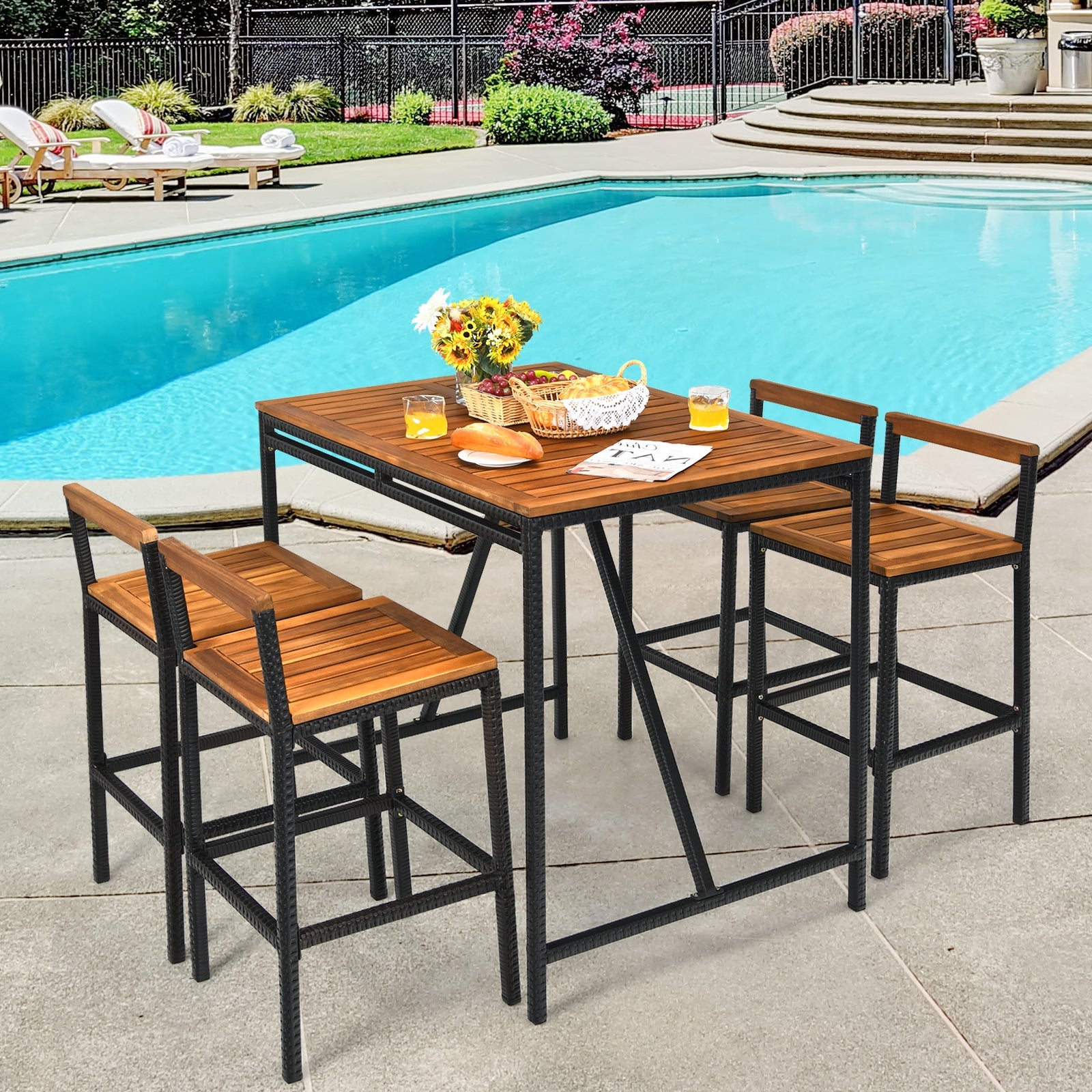 5 Piece Acacia Wood PE Rattan Bar Set, Brown Patio Bar Furniture at Gallery Canada