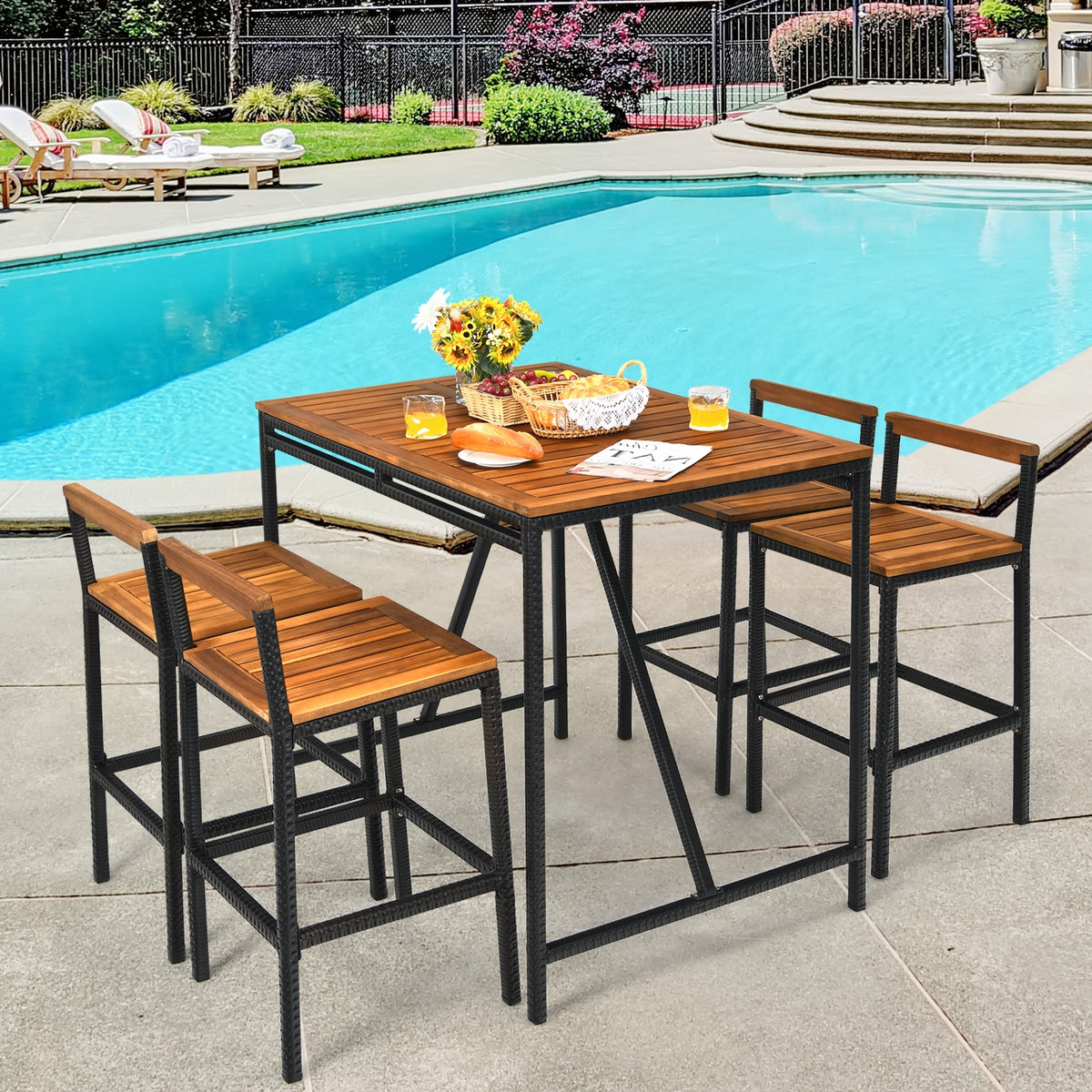 5 Piece Acacia Wood PE Rattan Bar Set, Brown Patio Bar Furniture at Gallery Canada